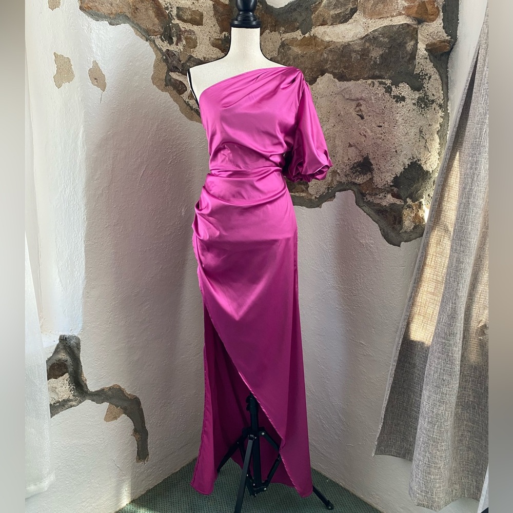 Double Crazy Purple Pink Single Sleeve Satin Size L Dress